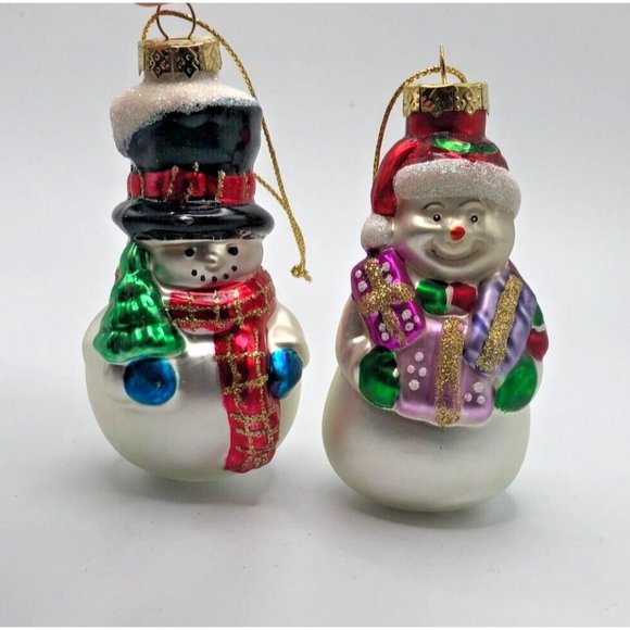 2 Vintage Lao Mai? Christmas Holiday Ornaments Blown Glass Snowman Tree & Presen - Picture 1 of 9